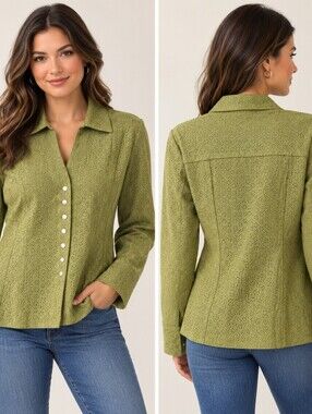 Aria Vintage Leather Snap Jacket Blazer Olive Green